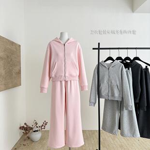 ifashion韩系加绒连帽卫衣套装女2025年新款冬装开衫卫裤两件套