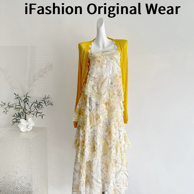 ifashion黄色长款重工蕾丝碎花吊带蛋糕连衣裙女夏季法式气质裙子图片
