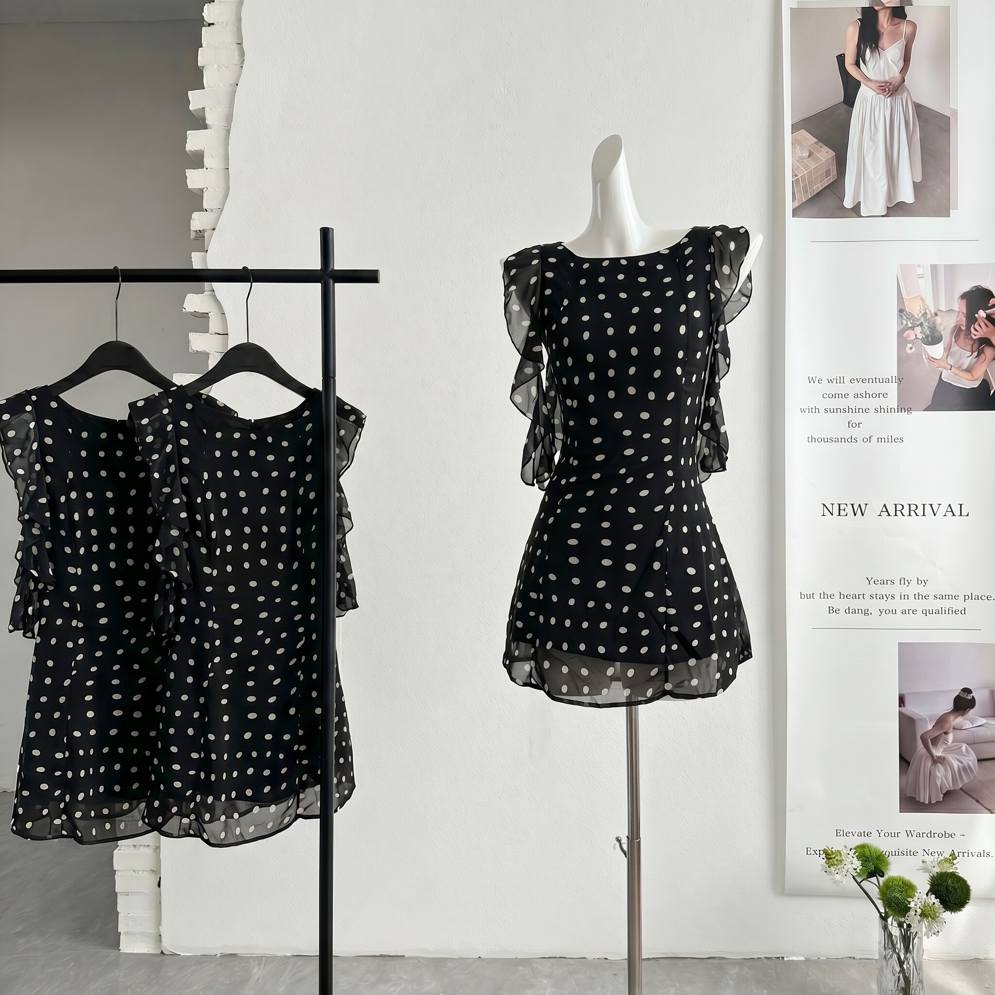 ifashion自制新款法式黑白波点荷叶边连衣裙无袖收腰度假裙短裙图片