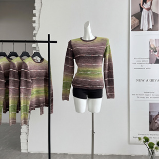 ifashion自制紫色渐变条纹圆领针织衫女秋季新款慵懒撞色长袖毛衣
