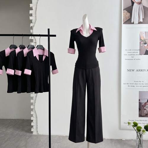 ifashion短袖t恤女2026新款夏黑色独特漂亮巨好看针织假两件上衣