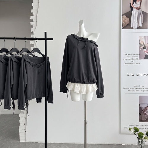 ifashion自制新款微胖mm斜领一字肩领口抽绳长袖卫衣气质上衣秋