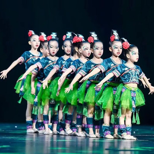 儿童苗娃铃呦灵采茶舞蹈服瑶山彩云飞踩踩银铃声声红山果演出服