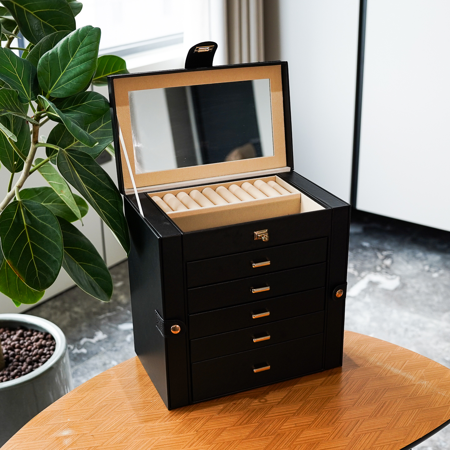 黑色PU皮6层耳环项链戒指收纳箱