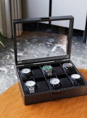 手表收纳盒碳纤纹黑色PU内里10位腕表电子表收藏展示盒防尘防氧化