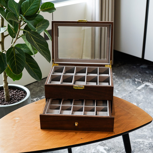 胡桃木纹灰绒双层20位手表收纳盒