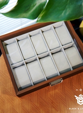 手表收纳盒10格黑胡桃木纹高档木质表盒机械腕表展示收藏灰色内里
