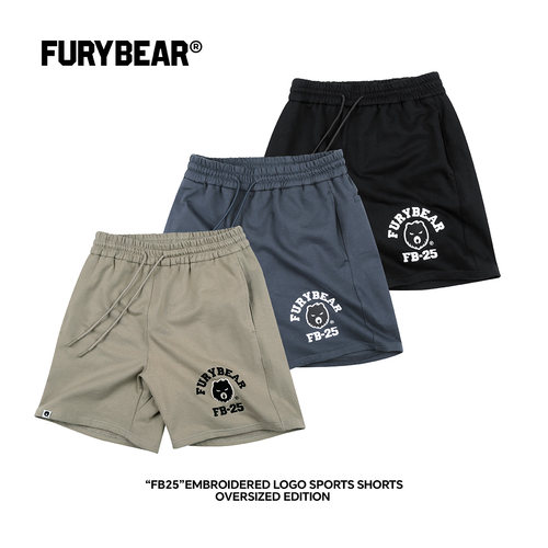 FURYBEAR系列熊怒logo刺绣卡其灰蓝黑色运动短裤松紧针织毛圈中裤