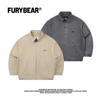 FURYBEAR军事风刺绣简约美式复古水洗做旧灰蓝卡其工装夹克外套