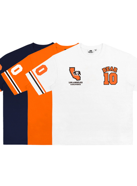 MCREW CABEAR加州熊系列10号印花橘色藏青300g重磅加厚宽松版T恤