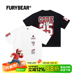 FURYBEAR熊怒FB25系列印花白色黑色棉质运动休闲宽松圆领短袖 T恤