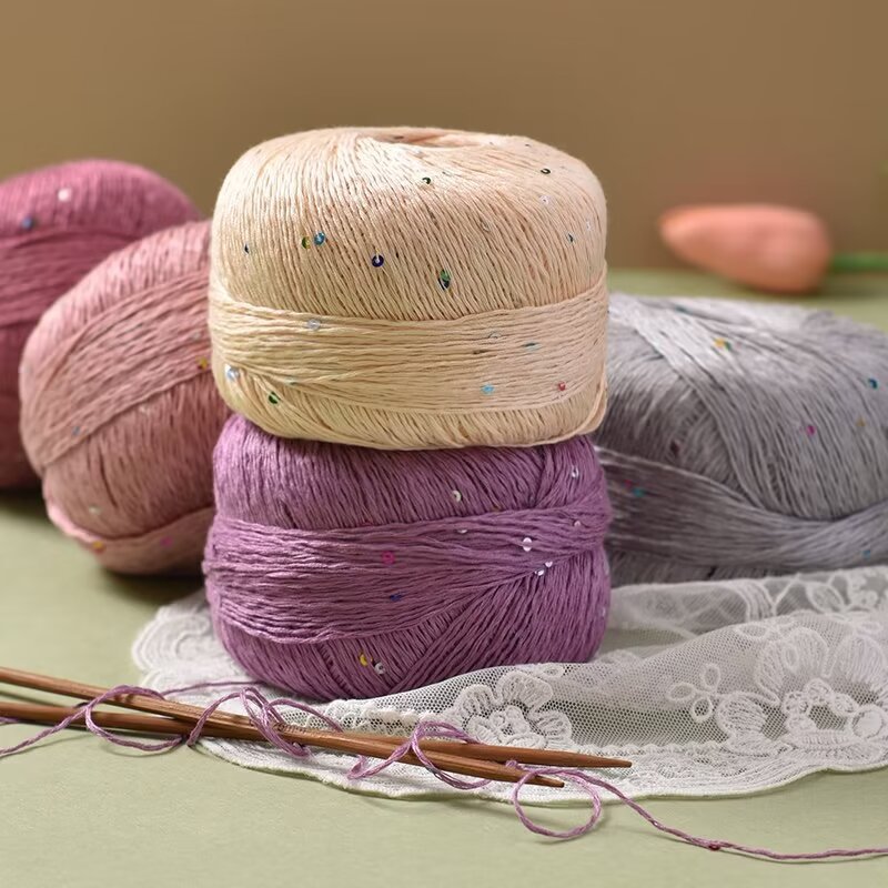 跨境批发彩色亮片丝棉6号蕾丝线100g团手工编钩针织薄衫线满包邮