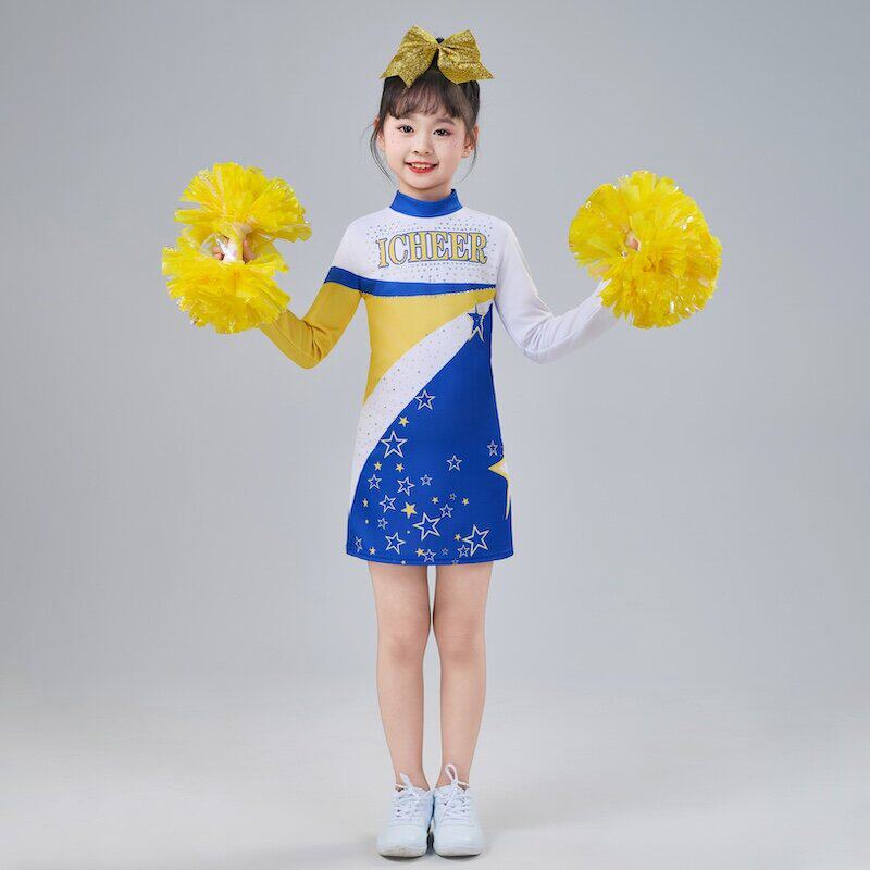 新款个性儿童啦啦操演出服星星女烫钻修身闪亮运动会拉拉队表演服