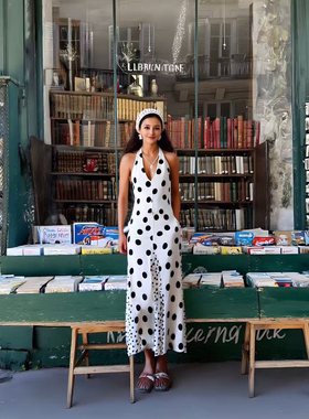 25新款VC女孩复古玫瑰波点吊脖连衣裙女风情万种鱼尾法式海边度假