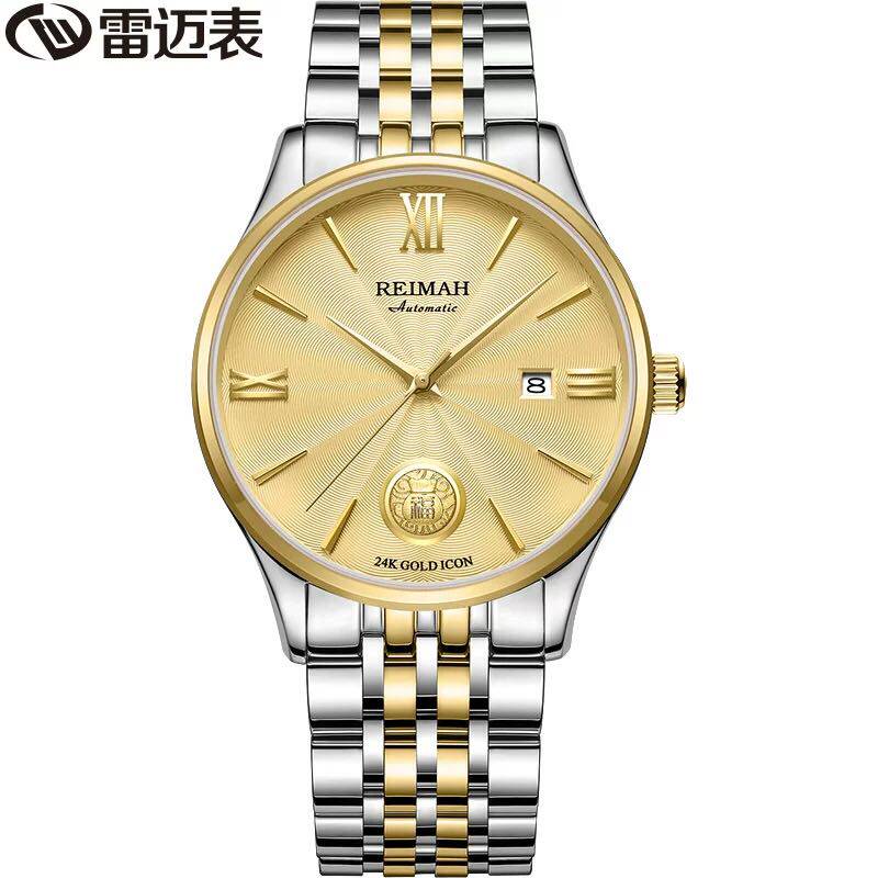 新款雷迈手表女真钻情侣日历时尚男士商务24k金表机械表防水8139