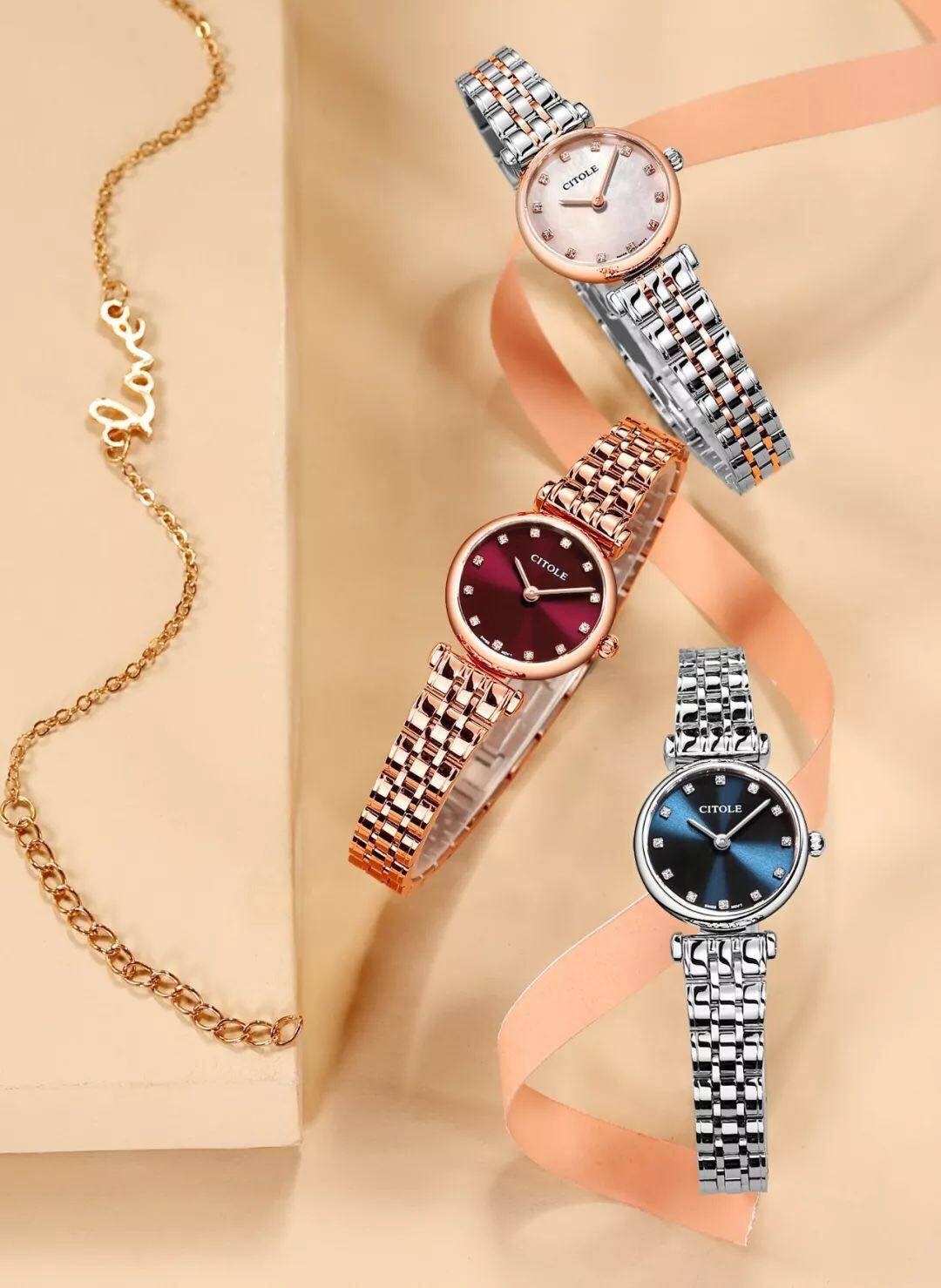 时尚镶钻防水日历超薄5222女表