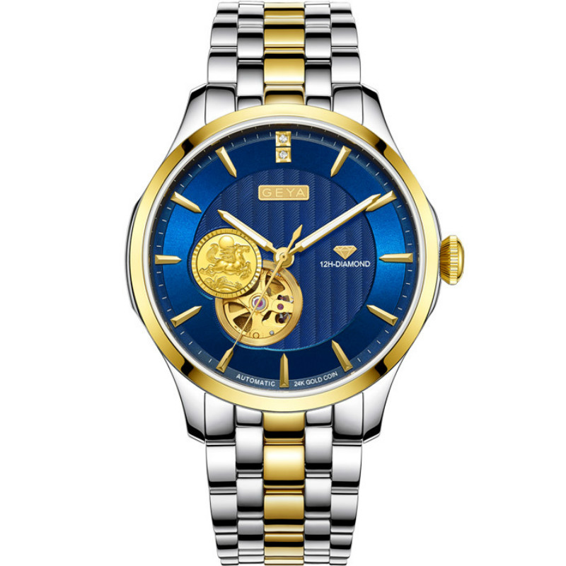 新款格雅手表男士自动机械表精钢防水真钻24k金时尚休闲腕表9013