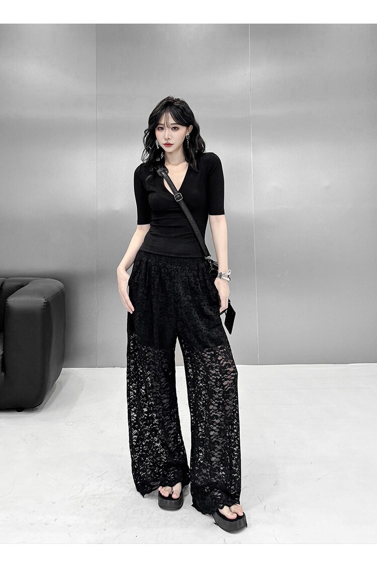 港风小众设计蕾丝镂空阔腿裤女夏季宽松高腰慵懒风休闲百搭长裤