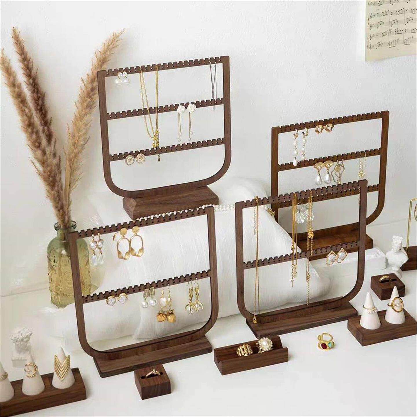 首饰耳环展示架胡桃木色挂饰品耳环项链大容量收纳摆摊珠宝陈列架