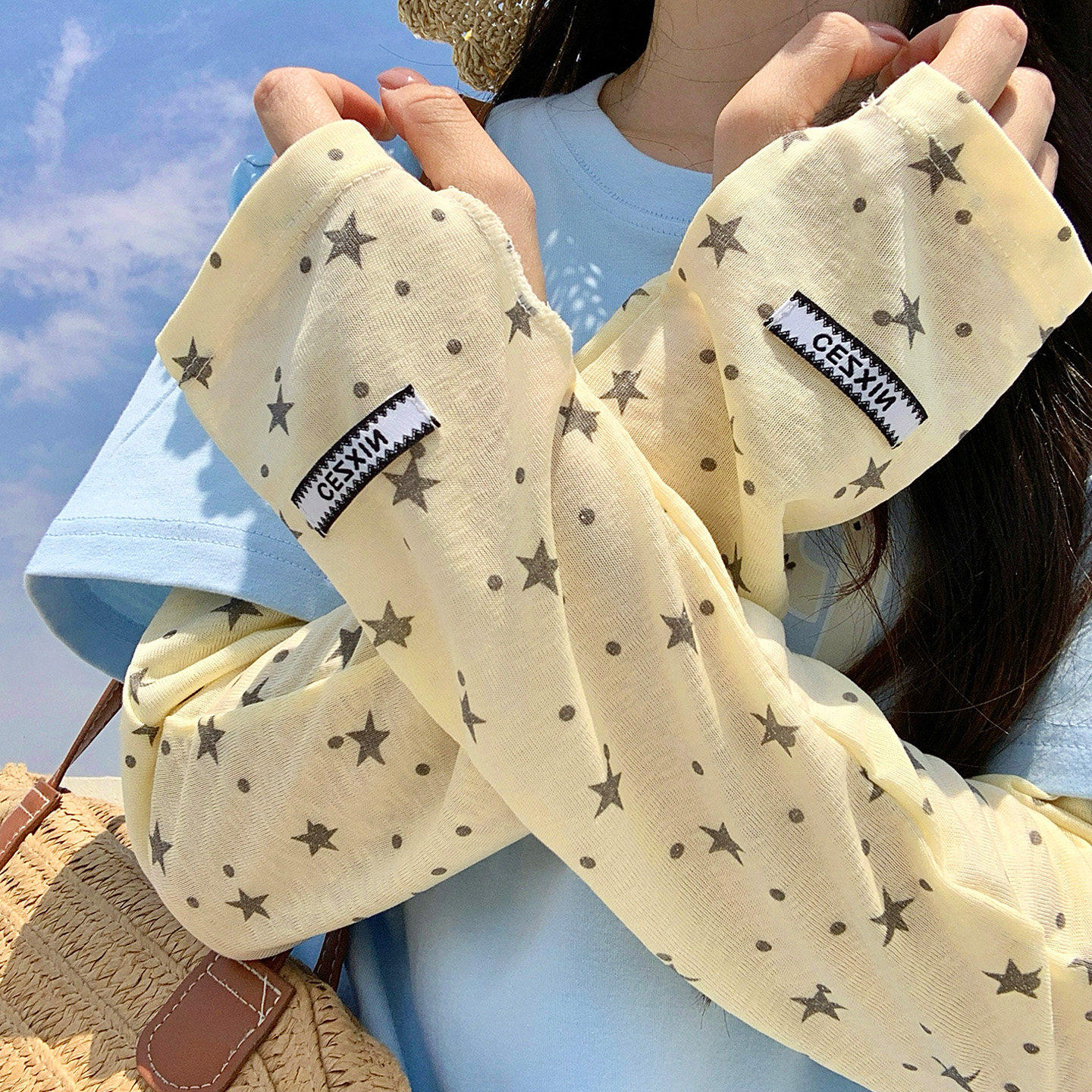 韩系星星黄色冰丝防晒袖套女夏季防紫外线宽松冰袖开车骑行护手臂