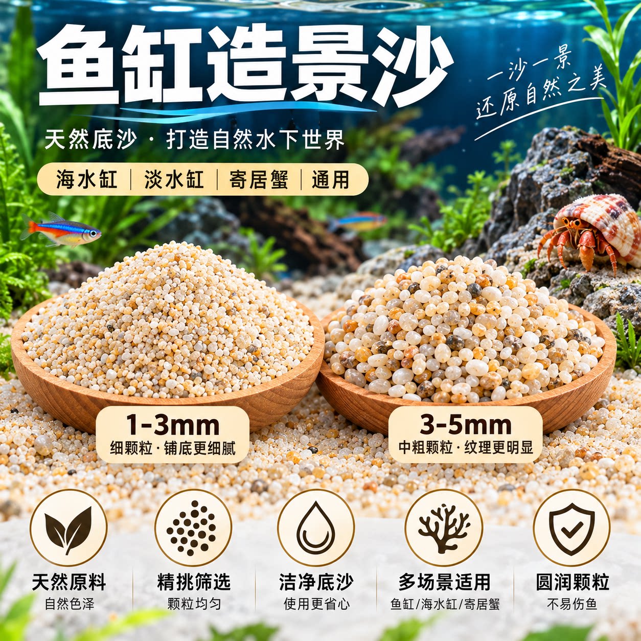 天然底沙鱼缸底砂海沙造景装饰1-3mm水族造景底砂中粗粒通用底沙图片