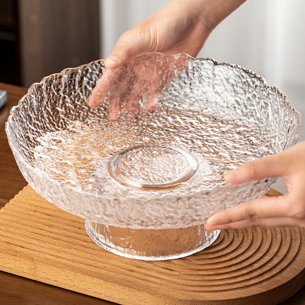 玻璃水果盘客厅茶几家用轻奢高档精致盘子锤纹高脚糖果零食干果盘