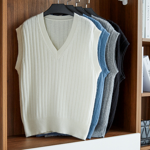 春秋冬新款韩版宽松短款白色落肩V领羊绒马甲女外搭毛衣背心坎肩