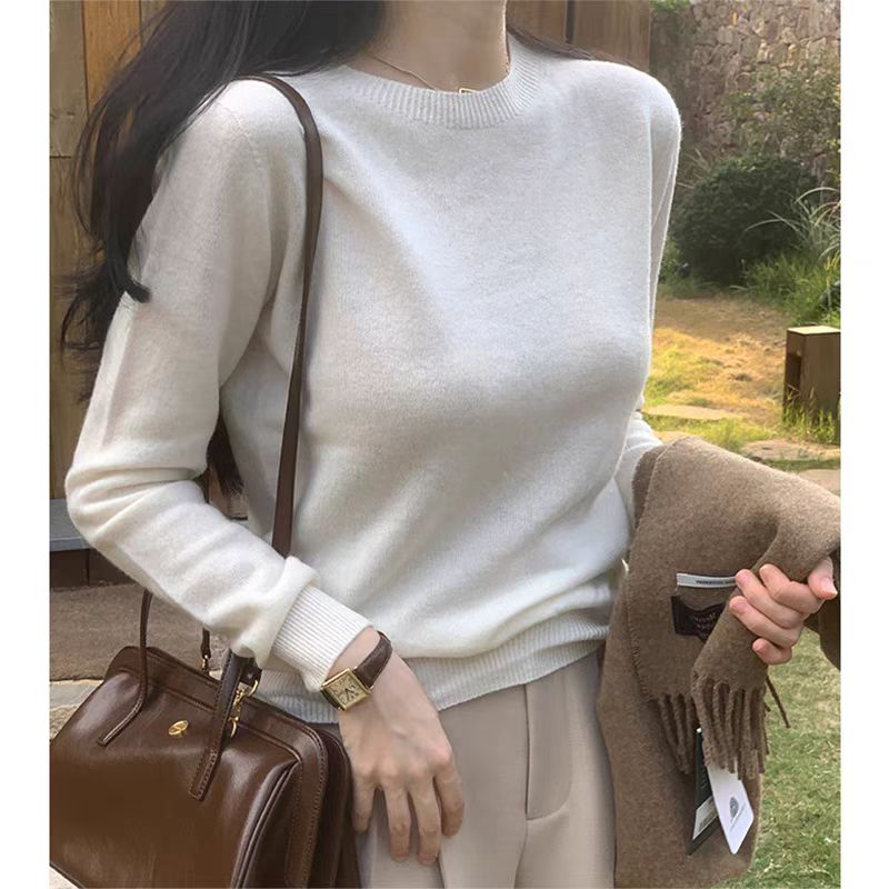 薄款白色圆领羊绒衫女2025春秋冬针织宽松短款内搭外穿打底衫毛衣