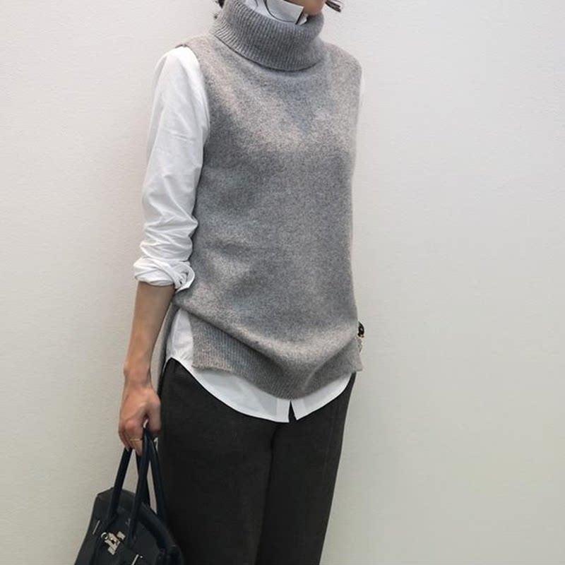 欧洲站2026秋冬新款灰色加厚高翻领羊绒马甲女开叉毛衣背心坎肩潮