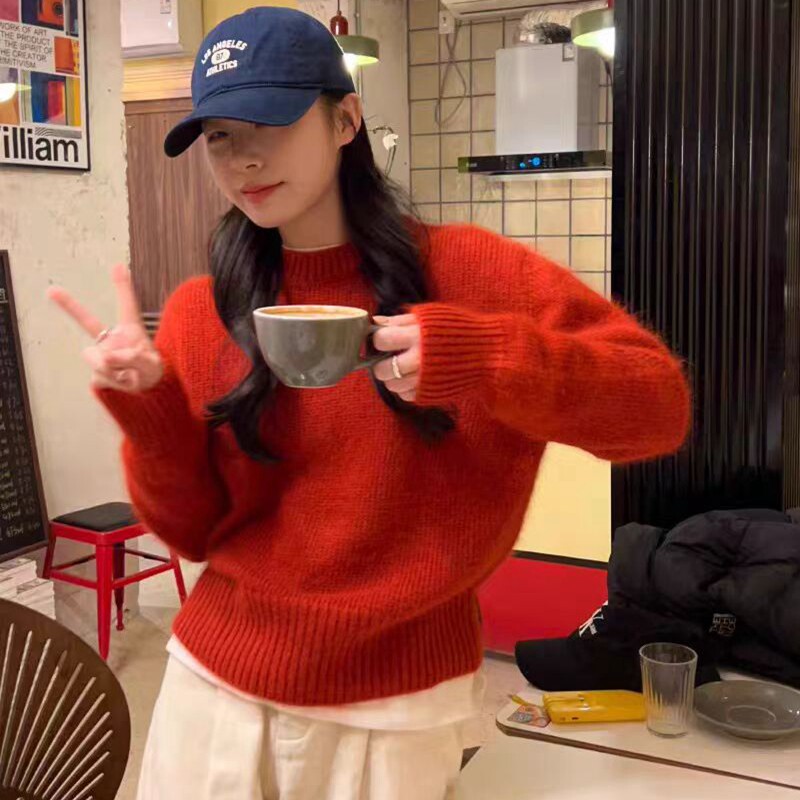 新年本命年软糯加厚短款红色圆领羊绒衫女2025春秋冬外穿打底毛衣