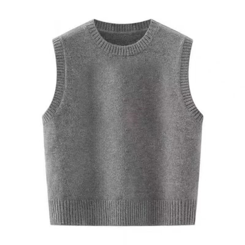 灰色圆领羊绒马甲背心女毛衣坎肩