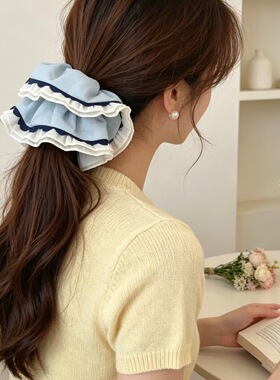 韩系蓝色布艺大肠发圈女慵懒风扎头发超大简约百搭发饰头绳春夏