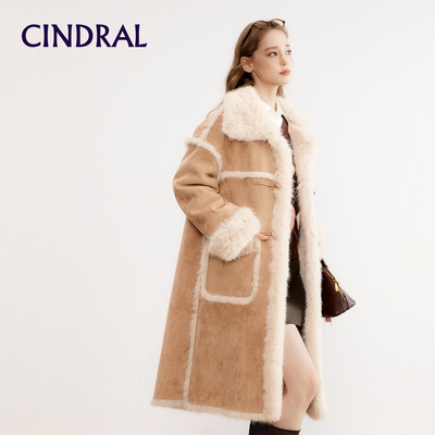 Cindral熙地新款麂皮绒外套女中长款保暖加厚皮毛一体皮草大衣