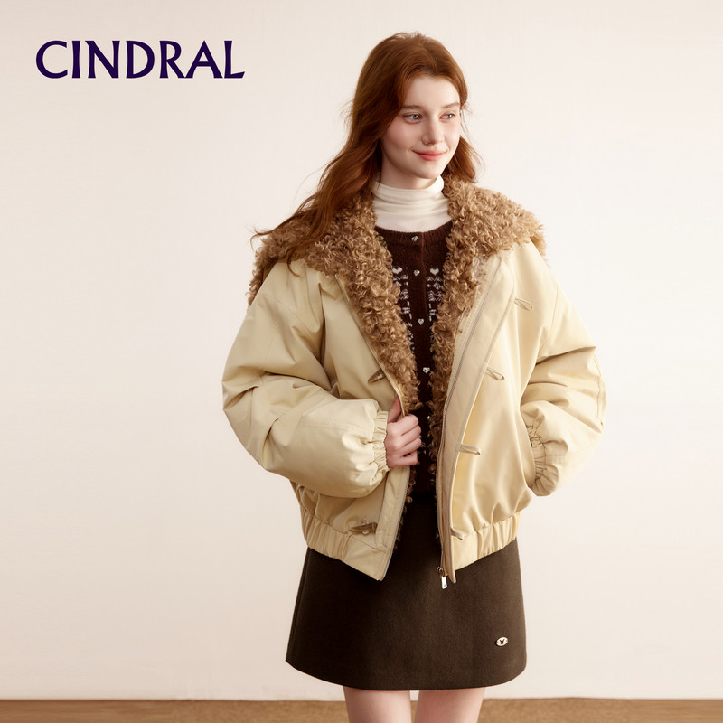 Cindral熙地新款牛角扣外套女加厚毛绒翻领抗皱宽松廓形棉服夹克