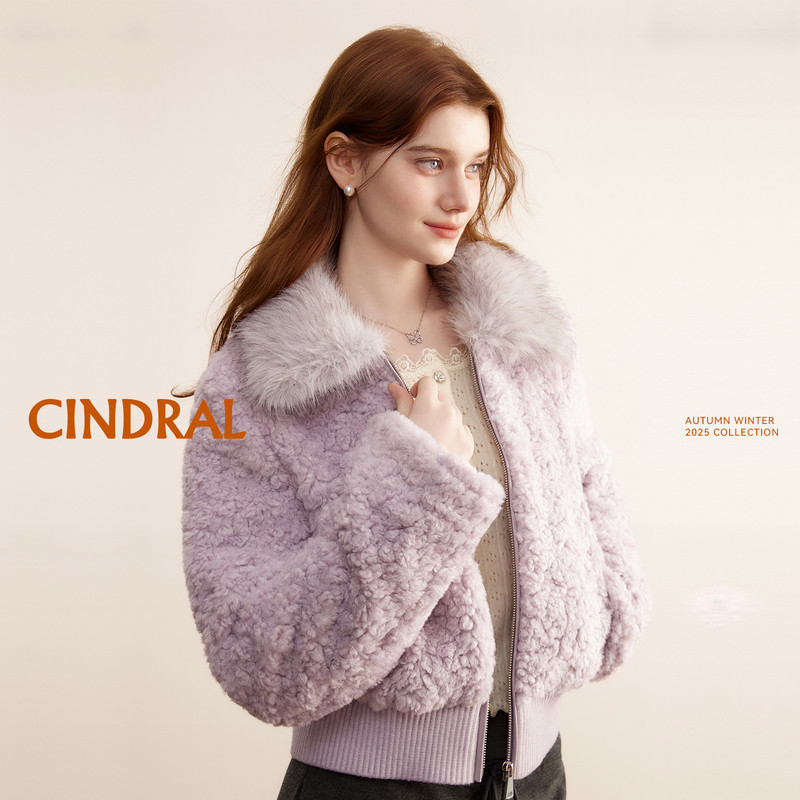Cindral熙地新款紫色毛毛外套女宽松保暖加厚短款羊羔毛环保皮草