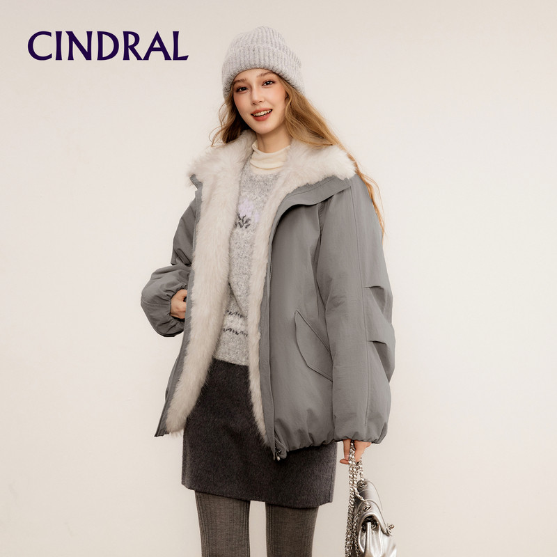 熙地Cindral环保皮草羽绒服女款保暖加厚外套白鸭绒中长款派克服