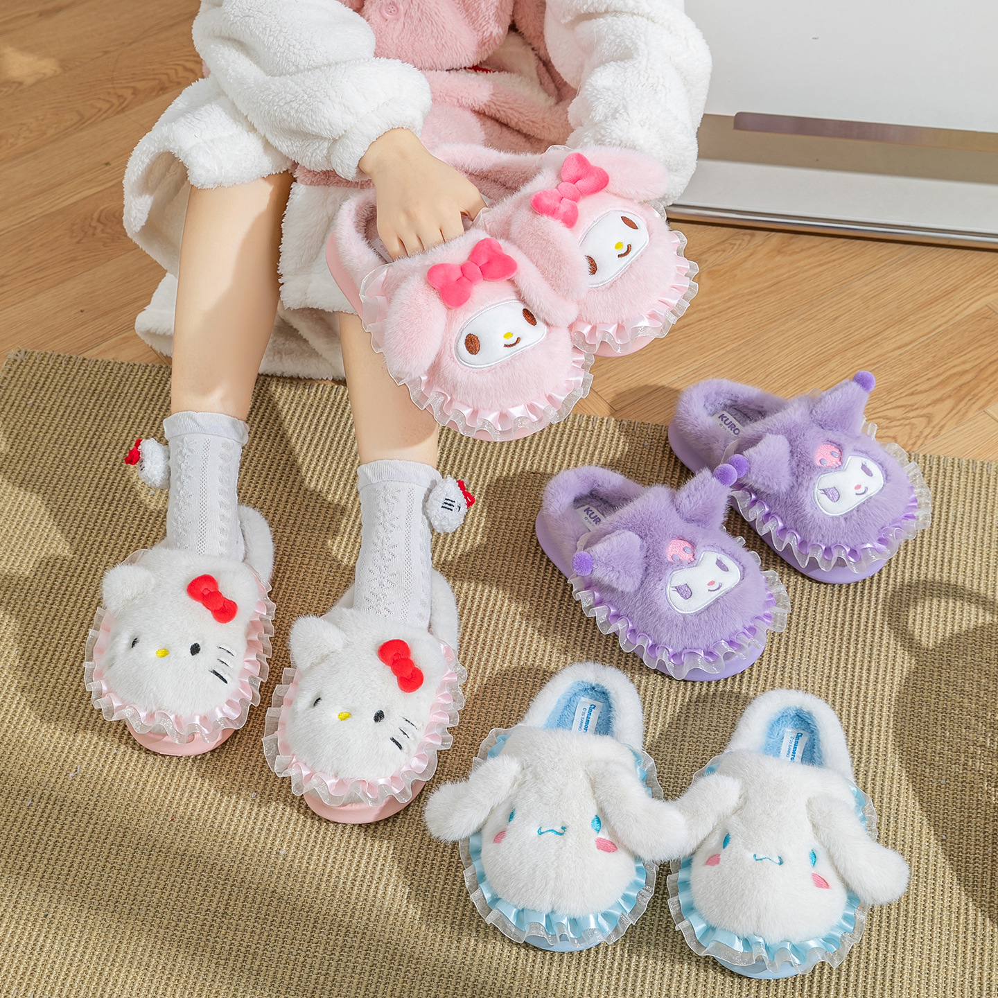 三丽鸥棉拖鞋可爱萌毛绒保暖家居防滑棉拖鞋亲子卡通玉桂狗毛毛拖