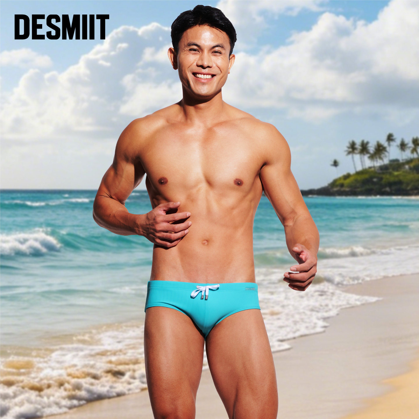 DESMIIT 男士泳裤高弹速干低腰性感条纹温泉游泳训练成人三角泳裤