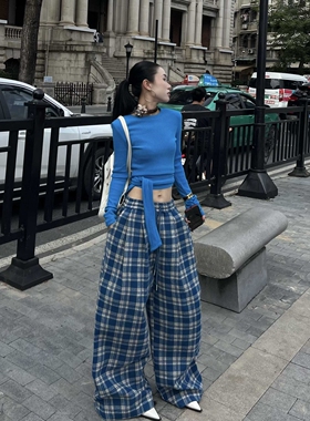 蓝色格子阔腿裤女2026春季时尚复古慵懒宽松显瘦百搭直筒休闲裤子