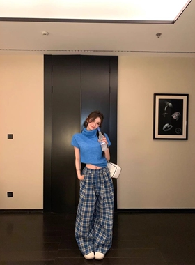 蓝色格子毛呢阔腿裤女2025新款秋冬加厚高腰垂感宽松休闲直筒长裤