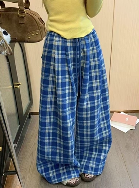 复古蓝色格子休闲抽绳裤女2026春季新款百搭宽松慵懒风直筒阔腿裤