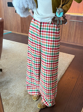 新年氛围感格纹阔腿裤女早春穿搭复古时髦高腰直筒裤宽松休闲长裤
