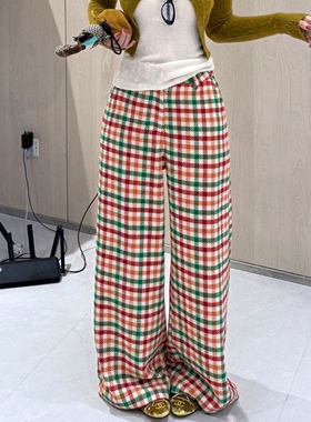 慵懒风复古格纹阔腿裤女2026春季新款时髦高级高腰显瘦休闲直筒裤