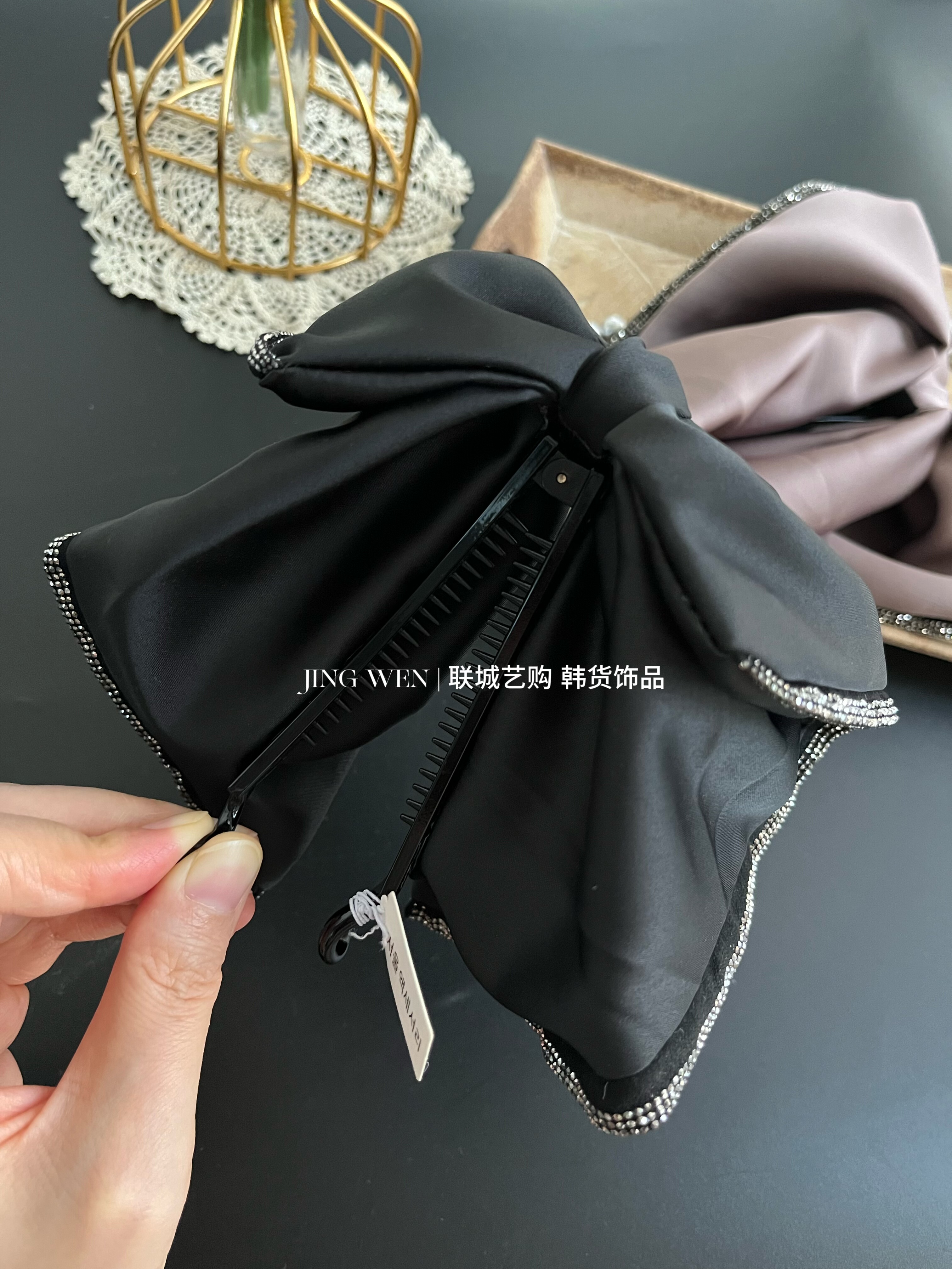 韩国正品新款轻奢水晶高级感蝴蝶结飘带小众低马尾发饰发夹香蕉夹