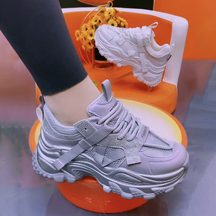 春秋真皮网面老爹鞋女厚底增高ins爆款炫彩透气百搭休闲运动网鞋