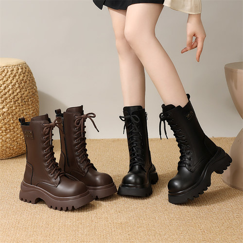 秋冬超火真皮马丁靴女小个子增高厚底轻便百搭爆款加绒英伦中筒靴