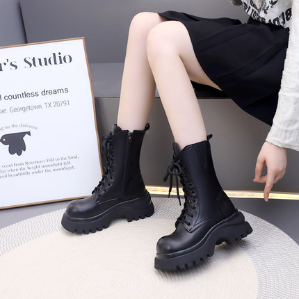 2025流行真皮中筒靴女厚底增高7cm秋冬棉靴超火小个子英伦马丁靴