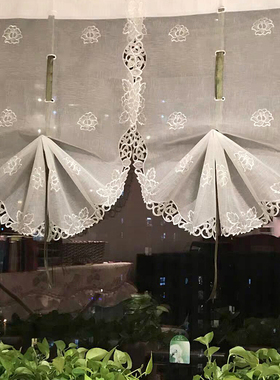 白色玫瑰窗纱提拉帘罗马帘扇形厨卫小窗帘免打孔安装魔术贴伸缩杆