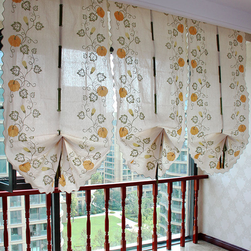 欧式棉麻厨房餐厅小窗帘飘窗升降提拉帘卧室遮光罗马帘 粘贴窗帘