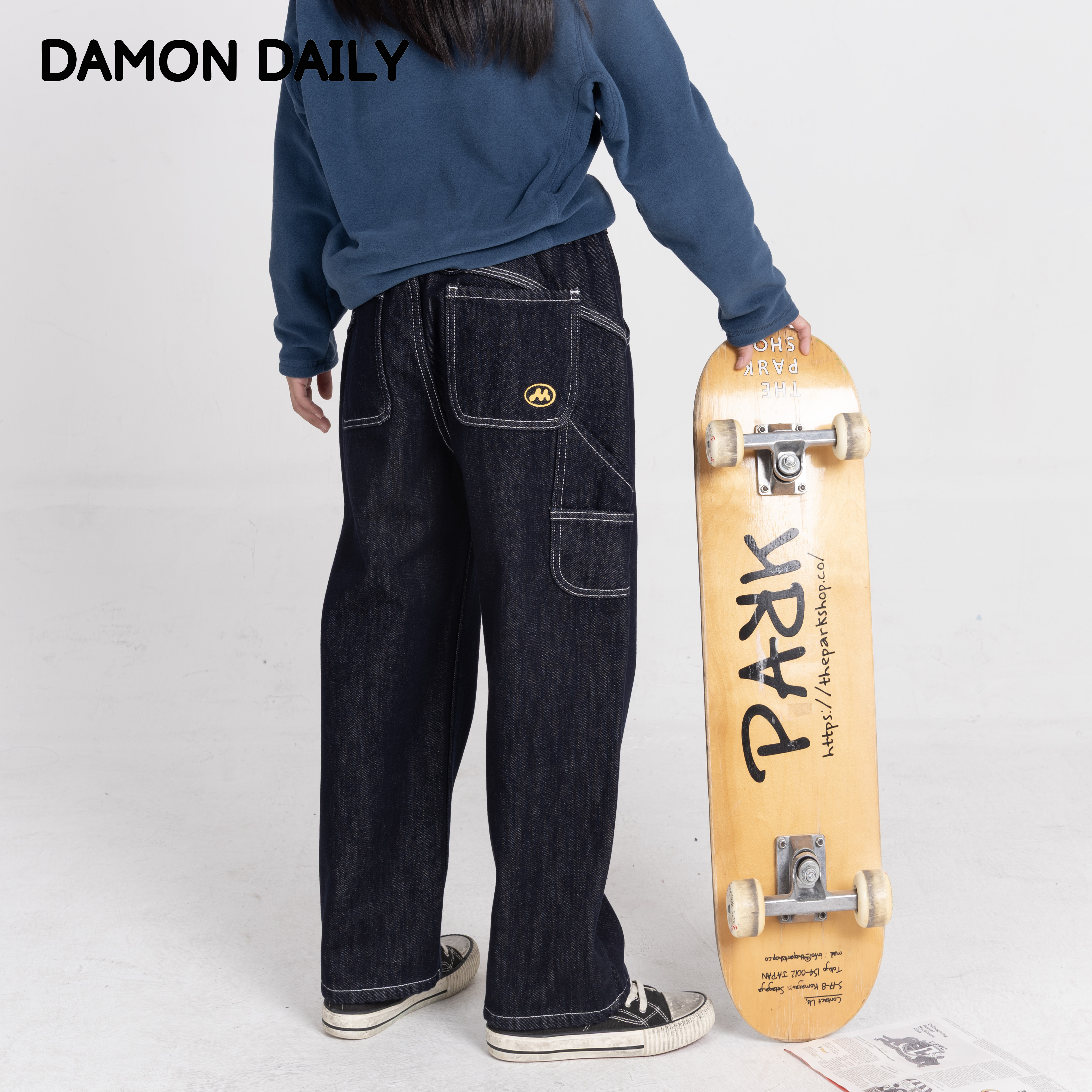 儿童口袋奥粒绒深牛仔宽松阔腿裤